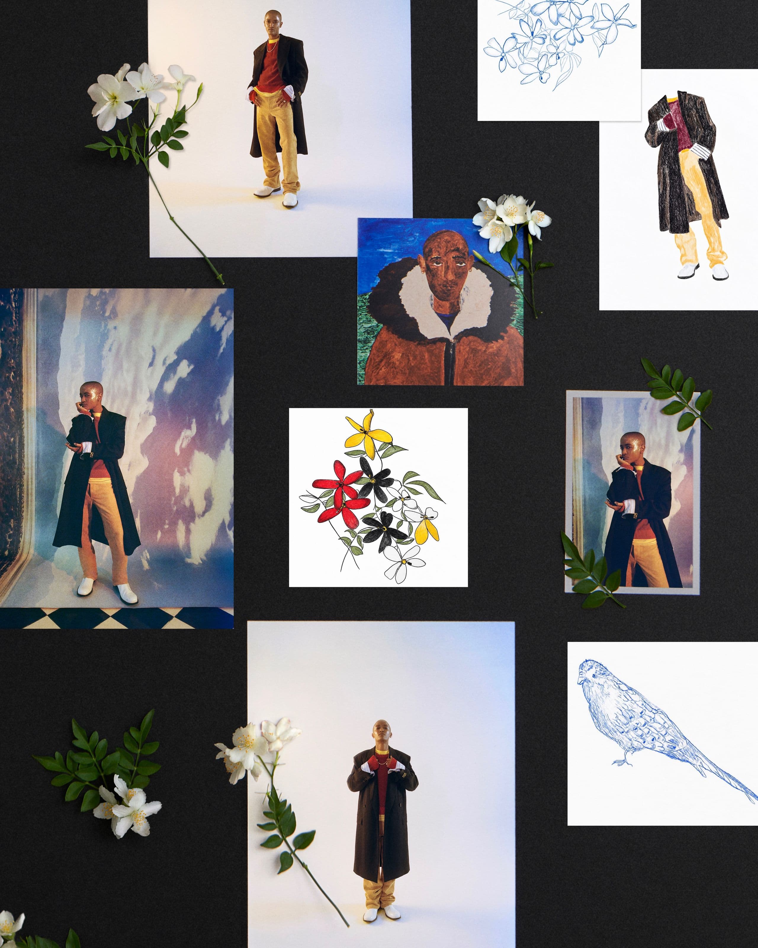 Collage of photos of Syd with flowers and drawings